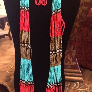 Beaded coral and turquoise necklace set